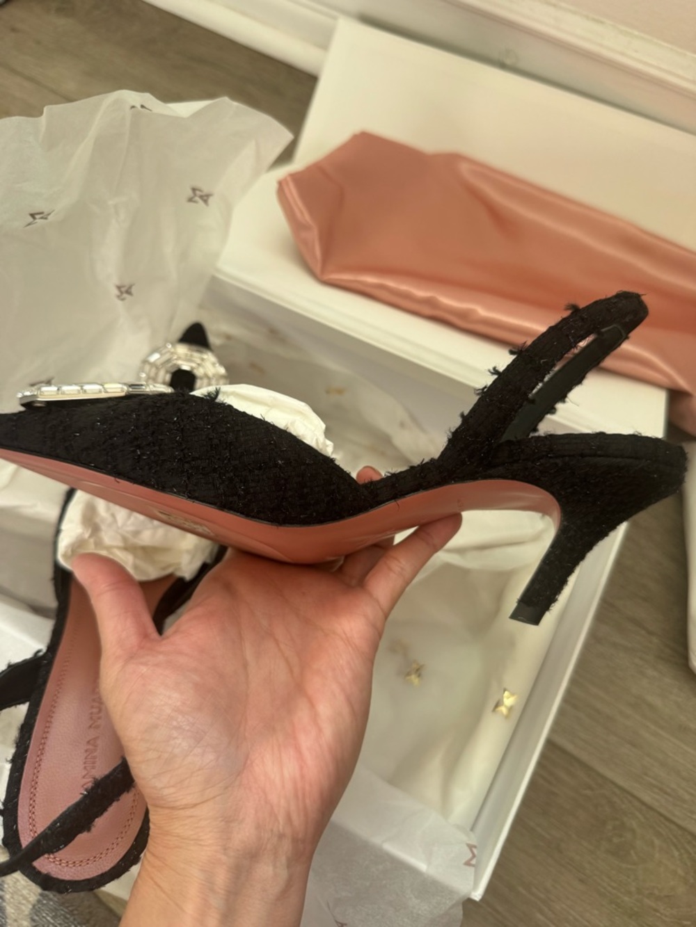 Amina Muaddi Camellia Slingback Pointed-Toe Heels with Crystal Buckle - Picture 8 of 10